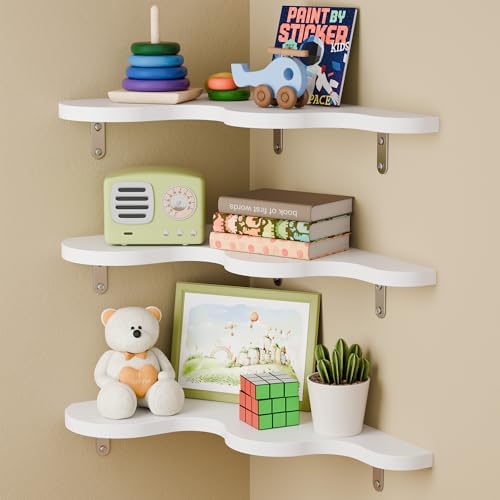 Cute Cloud Shelf Set of 3 - Wavy Floating Corner Shelves Wall Mounted, Corner Shelf Floating with Brackets, Nursery Shel
