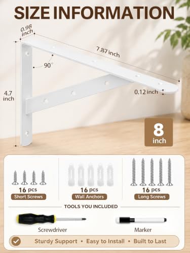 Shelf Brackets Heavy Duty, 8 Pack White 8 inch Floating Shelf Bracket, Max Load 300 lbs of Metal Triangle Decorative She
