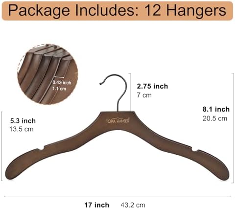 TOPIA HANGER Wooden Hangers for Women, Premium Sweater Hangers No Shoulder Bump, 360° Swivel Hook and Cut Notches Clothes Hangers for Sweater, Coat, Shirts, Hoodies, Dress, 12 Pack Walnut CT84WA
