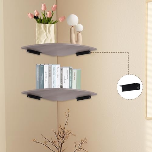 JJL Corner Wall Shelf, 12-Inch Sector Shelf, Set of 2 Wooden Hanging Shelves With Wire Hole for Bedroom Decoration, Grey