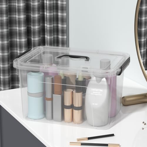 Quickquick 12 Quart Clear Plastic Latching Storage Bin with Handle, 4 Packs