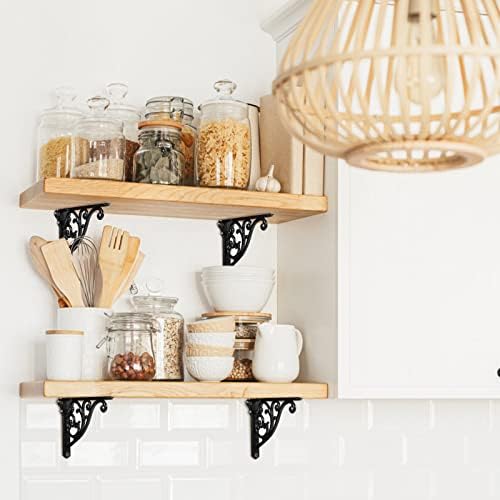 2 Pack 8 Inch Shelf Brackets, Black Shelf Brackets,Metal Bracket for Shelves Ornate Heavy Duty Decorative wall Brackets 