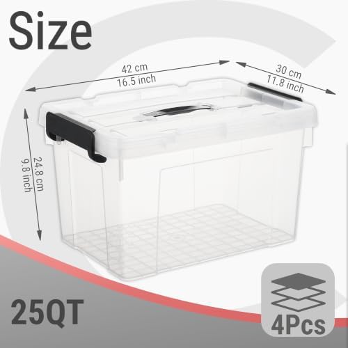 Cetomo Plastic Storage Bins with Handle, Storage Bin with Lids, Organizing Container, PP Box for Home Office, Clear, 25 