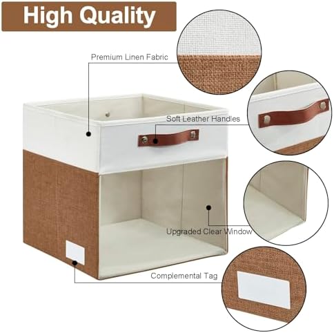 Bagnizer Storage Cubes, 4 Pack Linen Foldable Storage Bins with Clear Window and 2 Handles, 13x15x13 Storage Cube Bins for Shelf Closet, Kallax, Clothes, Books - (Brown / Off-White)