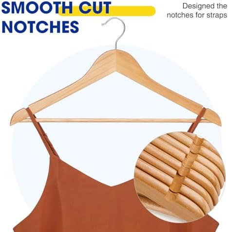 Korpai 30 Pack Wooden Hangers,Wooden Clothes Hangers with Smooth Pant Bar and Shoulder Notches,Heavy Duty Hangers with 360-Degree Rotatable Hook, Coat Hangers for Coats,Shirts,Dress,Pants,Natural