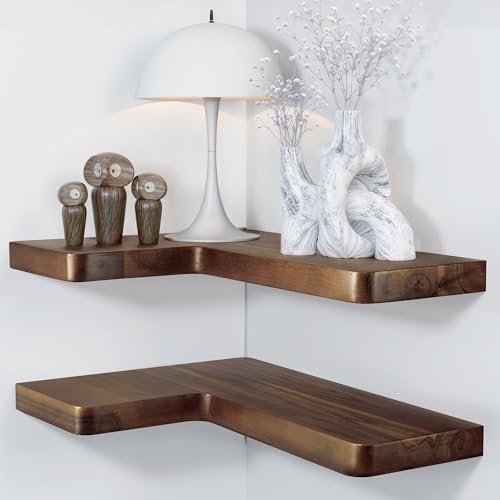BATODA Acacia Wood Corner Floating Shelf 17” x 12”- Corner Shelf Wall Mounted - Floating Book Shelves for Wall - Corner 