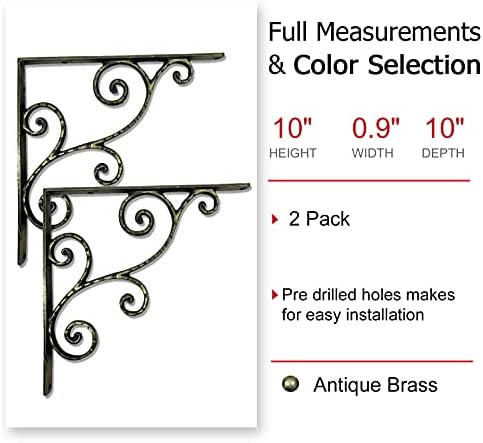 NACH Decorative Shelf Brackets, 2 Pack of 10 x 0.9 x 10 inch, Antique Brass Cast Iron Shelving Brackets - Metal Shelf Br