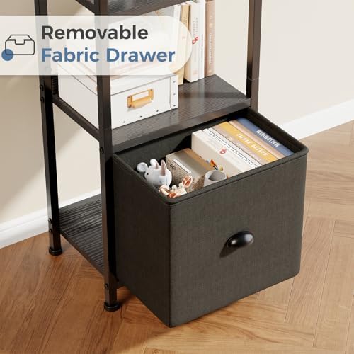 DUMOS 5 Tier Bookshelf with Fabric Drawer, Display Standing Shelf, Black