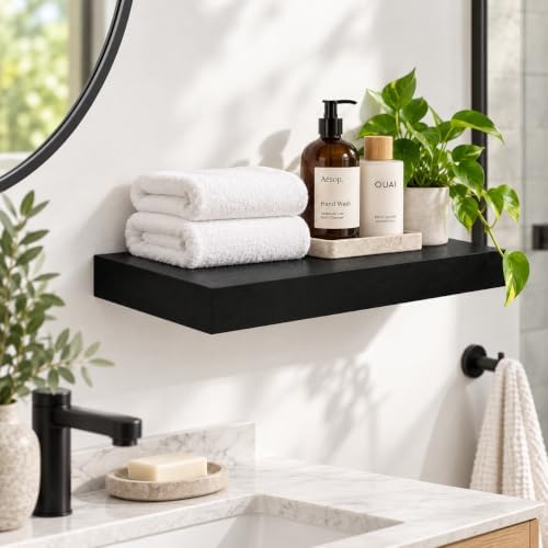 WELLAND 16 inch Black Mission Floating Shelves for Wall, Bathroom Wall Mount Shelves, Wood Modern Display Shelves, Book 