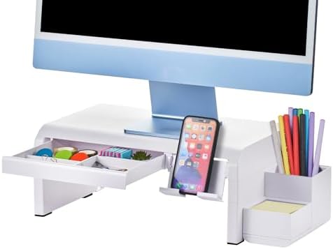 Bostitch Konnect Adjustable Monitor Riser with Drawer, Cell Phone Stand & Pencil Holder, Laptop Stand for Desk, 4 Height