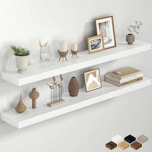 48 Inch Floating Shelves for Wall, Rustic Wood Wall Mounted Deep Storage Shelves with Invisible Brackets, Long Decorativ