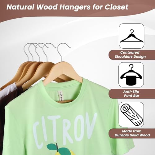 Wooden Hangers Premium Natural Bamboo Wood Hanger Well Polished Ergonomic Design & Sharply Cut Notches with Swivel Hook 