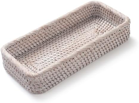 Rattan Bathroom Vanity Trays Toilet Tank Baskets Long Narrow Hand Towel Storage Basket for Storage, Decorative (Whitewas