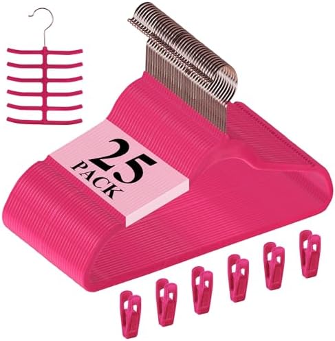 VECELO Premium Velvet Clothes Hangers Suit Heavy Duty (25 Pack)-Non Slip & Space-Saving with 6 Finger Clips & Tie Rack Excellent for Men and Women，Rose
