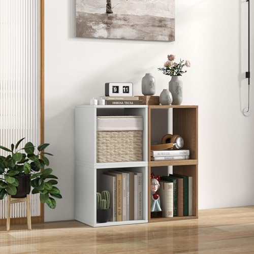 GIANTEX 4 Cube Bookshelf Organizer, 2-Tier Stackable Cube Storage Organizer, Small Wooden Open Book Shelf with Anti-topp