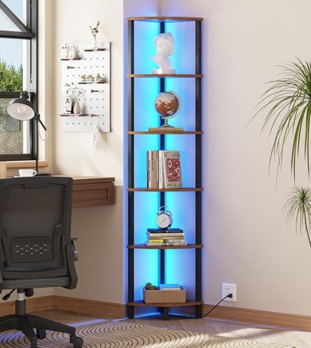 VIMBER 6-Tier Corner Shelf with LED Light, Industrial Corner Ladder Shelf, Rustic Display Shelf for Living Room, Bedroom