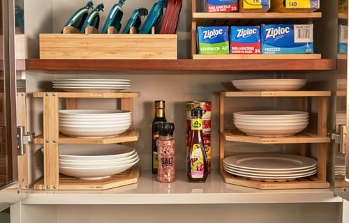 Umilife Plate Organizer for Cabinet, Bamboo Corner Shelf, Dish & Bread Organizer, Spice Rack, Kitchen Bathroom Counterto