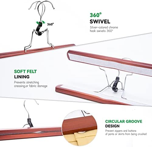 Nature Smile Wooden Non-Slip Pants Skirt Hangers - Smooth Finish Solid Wood Jeans Slack Clamp for Hair Extensions (20 Pack Cherry)