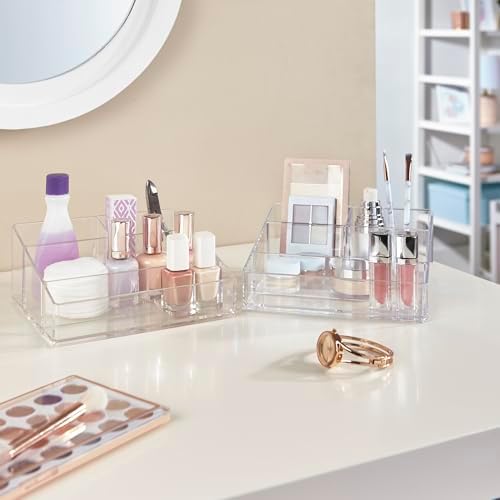 STORi Clear Plastic Small Countertop Vanity Makeup Organizer, Compact Rectangular 4-Compartment Holder for Brushes, Eyes
