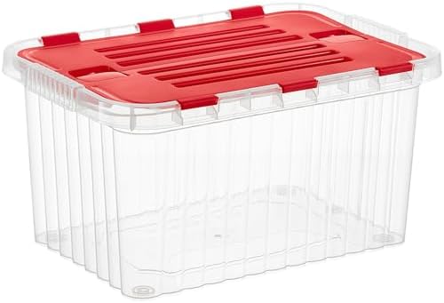 Superio Red Storage Box with Red Hinged Lids, Plastic Container Bins for Organizing with Attached Lid, Stackable Crates,