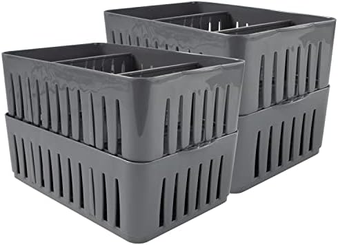 Simplify 4 Pack 3 Compartment Stackable Bin with Adjustable Dividers | Drawer Organizer | Storage Basket | Good for Office | Desk Supplies | Dorm | Bathroom | Accessories | Make Up | Grey