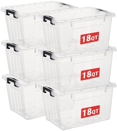 Cetomo Plastic Storage Bins, Lidded Storage Box with Strip for Home Office Dorm, Stackable, Clear, 18Quart-6 Pack