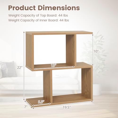 Tangkula 2 Tier Geometric Bookshelf, Freestanding Wooden Display Shelf, Home Office Room Divider S Shaped Open Bookcase,
