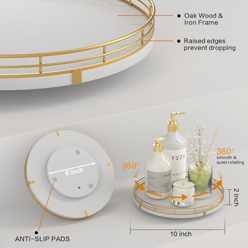 Oroyutor 10-Inch White Wooden Lazy Susan Spice Organizer with Gold Rail