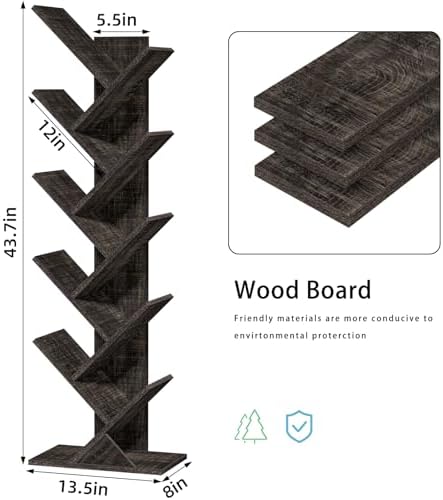 10 Tier Tree Book Shelf, Floor Standing Wood Bookshelf for Narrow Space
