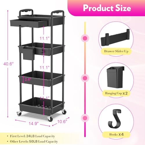SUNALLY Makeup Cart Organizer with Drawer,4 Tier Rolling Makeup Cart, Black