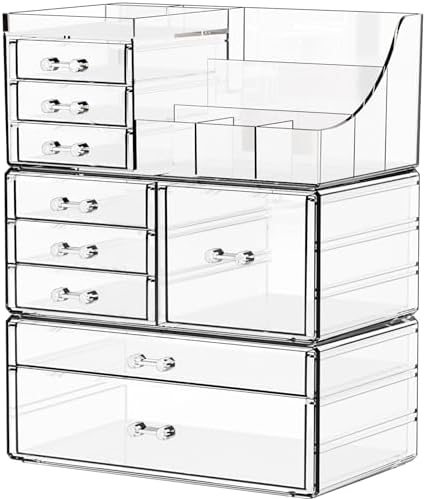 Yieach 3 Pack Clear Makeup Organizer Countertop for Dresser,Vanity and Bathroom Counter Organizer,Tiered Stackable Makeu