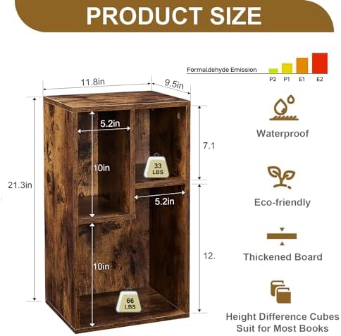 VECELO Kids Staggered 3-Cube Bookshelf, Open Storage Organizer with Multi-Size Compartments for Large Hardcover Books, T