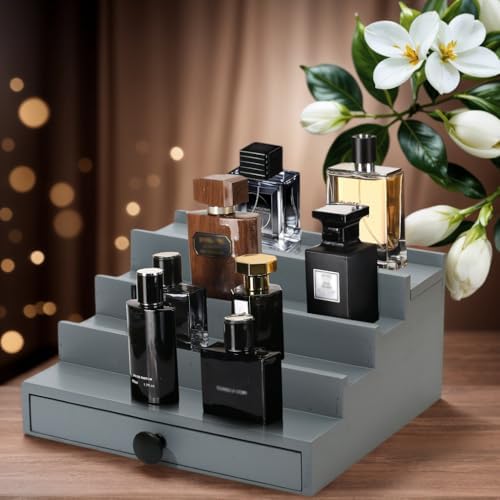 4 Tier Men's Cologne Organizer, Gray Wooden Display Stand with Drawer