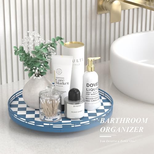 Blue and White Checkerboard Lazy Susan with Rubberwood Base and Metal Rail