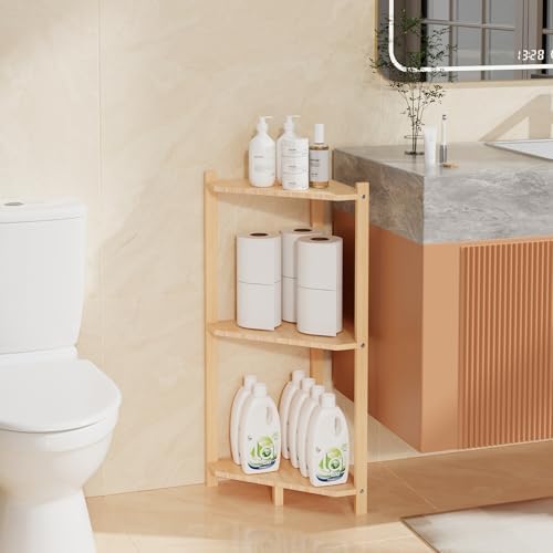 Wisuce Bamboo Small Corner Shelf Stand, 3-Tier Natural Corner Bookshelf
