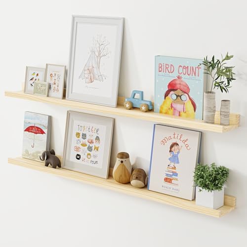 Long Floating Shelves for Wall, 48 inch Solid Wood Picture Ledge Shelf, Picture Shelf for Wall with Ledge, Floating Book Shelves for living room Bedroom Nursery Decor, Natural Unfinished, Set of 2