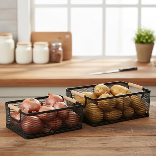 Potato and Onion Storage Baskets with Wood Handles, 2-Set Metal Mesh Bin for Kitchen, Pantry, Countertop, Ventilated Org