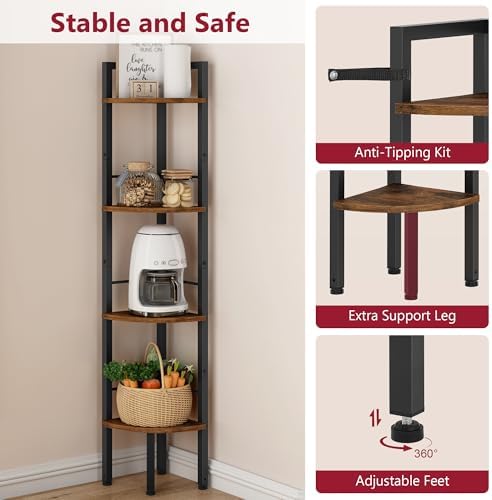 Tajsoon Corner Shelf Stand 4 Tier 48.5" with Metal Frame, Rustic Brown