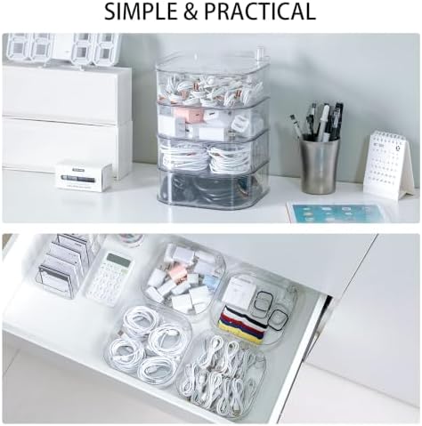 Large Charger Cable Storage Box with Lid, 4-Tiers, Clear