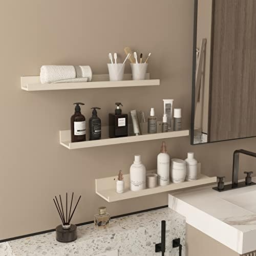 Giftgarden 24 Inch Floating Shelves for Wall, Creamy White Beige Wood-Grain Wooden Shelf Ledge for Bathroom Kitchen Livi