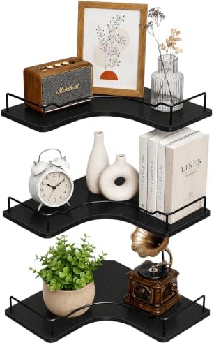 Homode Floating Corner Shelves Set of 3, 12 Inch Corner Wall Shelf, Black