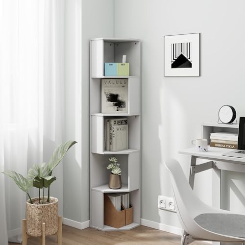 Wooden 5 Tier Narrow Shelf Bookcase with Open Shelves, 5 Tier Tall Thin Corner Bookshelf, Wooden Standing Corner Shelf f