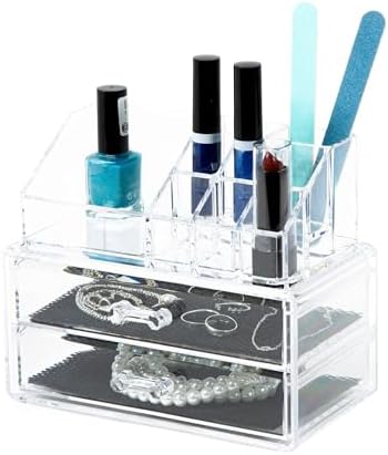 Compactor Make-up and Jewellery Storage Box, With 2 Drawers, Transparent, Polystyrene, Fabric Lining, 18.8 x 11.7 x H. 1