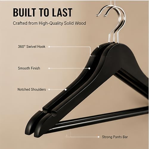 30 Pack Maple Wooden Hangers, Natural Wood Clothes Hangers with 360° Swivel Hook, Non-Slip Shoulder Notches, Durable Hea
