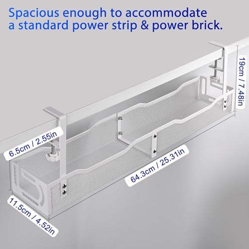 Under Desk Cable Management Box 25.3 Inch – Clamp-Mounted Cable Organizer Tray, Large Cord Management Box for Office & H