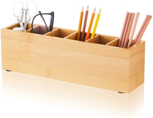 Jetec Wooden Pencil Pen Holder for Desk, Bamboo, 6 Compartments