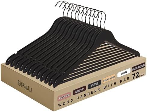Wooden Clothes Hangers with Pants Bars, Black, 72-Pack