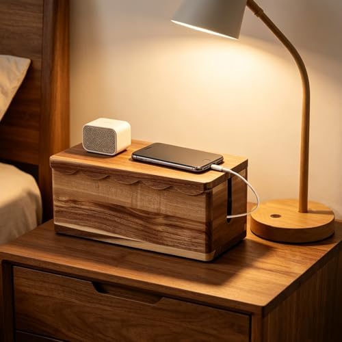 Large Cable Management Box Scalloped Edge, Acacia Wood Cable Organizer Box & Power Strip Box for Electrical Cord Managem