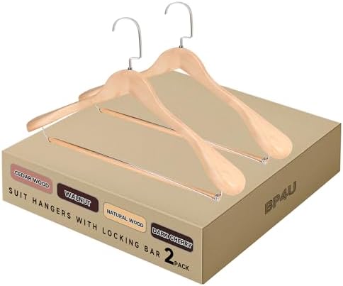Wide Shoulder Wooden Hangers with Locking Bar, Natural Wood, 2-Pack