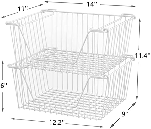 Slideep 14'' Large Stackable Storage Baskets Cabinet Organizer Sturdy Metal Wire Pantry Freezer Bin for Pantry Home Bath